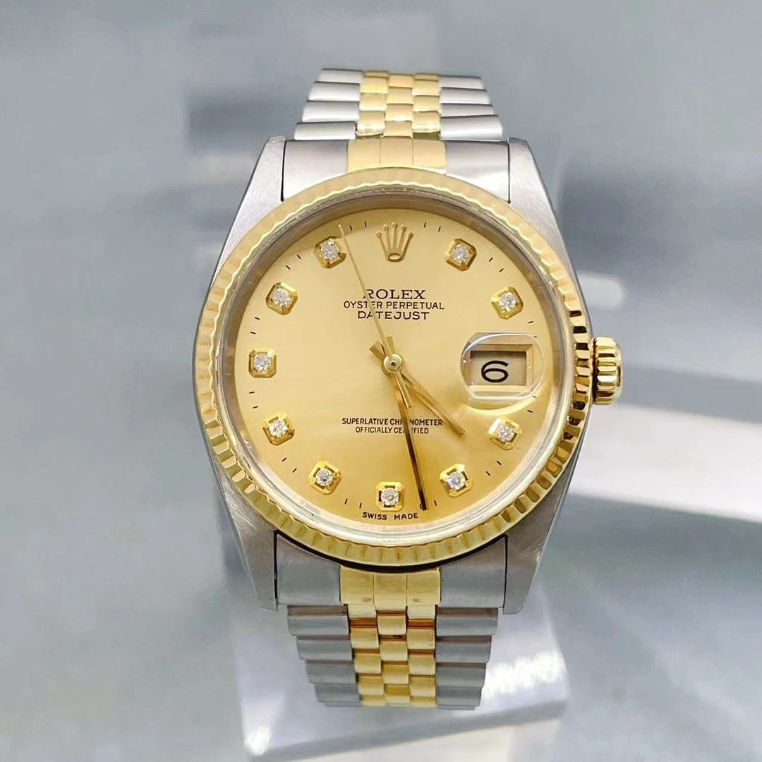 95新 Rolex/劳力士 日志型18K黄金间精钢黄盘后镶钻机械腕表16233