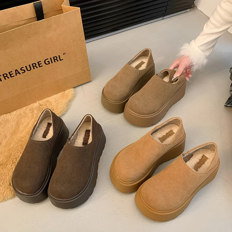 新疆(6厘米）松糕厚底勃肯鞋女秋冬季一脚蹬加绒毛毛鞋2024新款A32