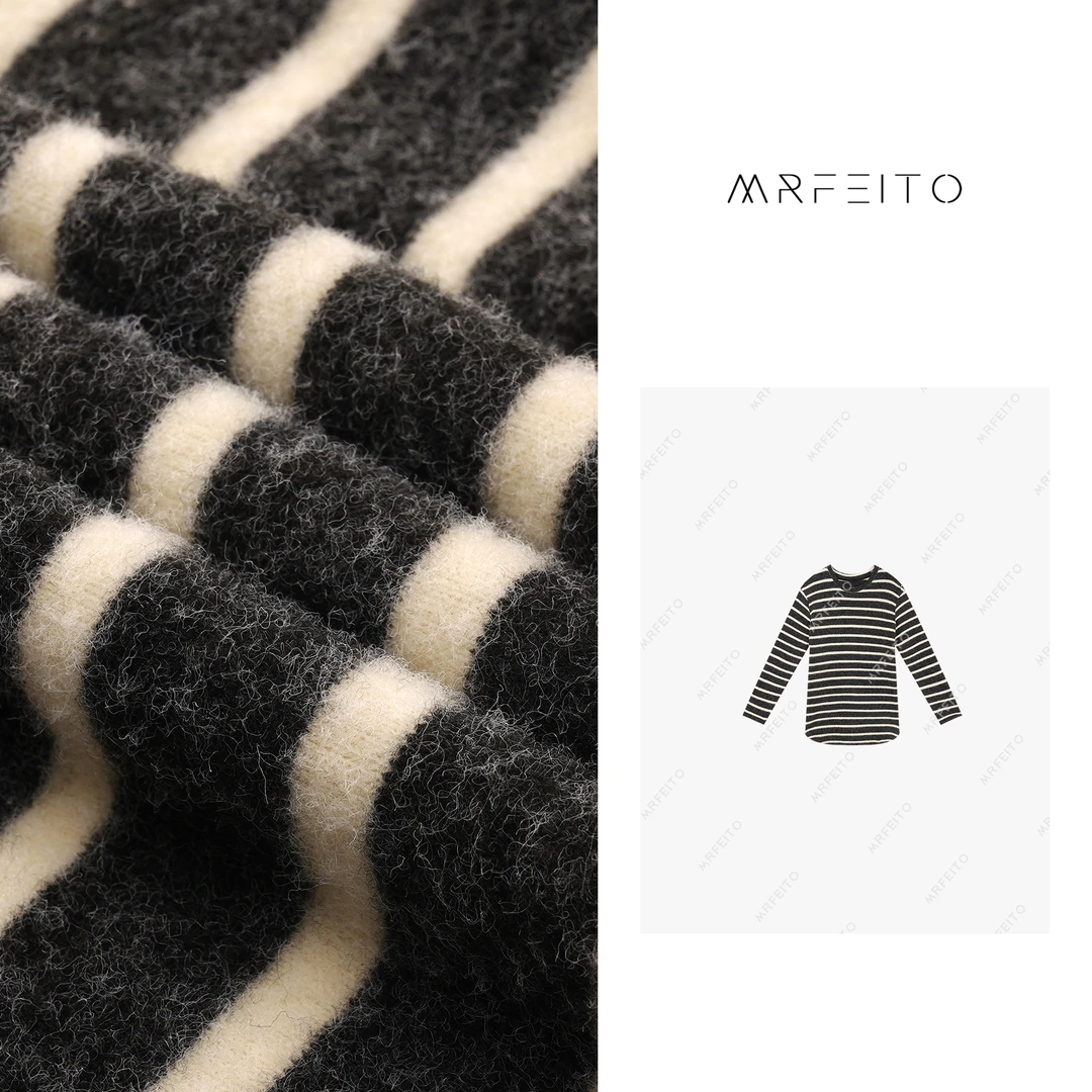 MRFEITO百搭休闲撞色条纹针织圆领女士上衣H16SY01D29012