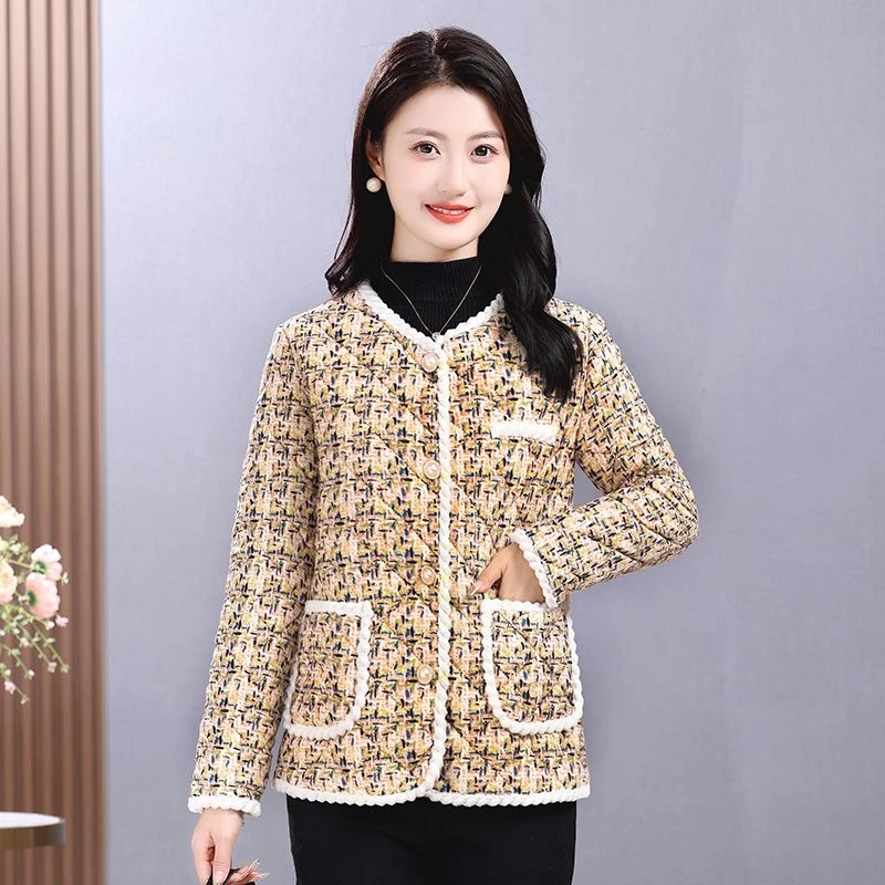 2023冬季新款妈妈装加绒小香风棉衣外套时尚百搭减龄短款棉服上衣