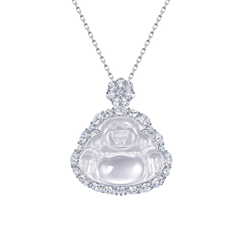吊坠925银合成锆石 国潮中国风镶白冰高透国潮大肚佛公吊坠项链女