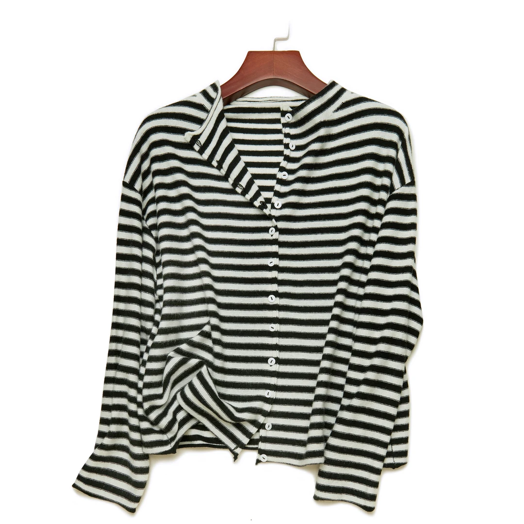 LEMAER乐玛尔 法单CASHMERE拼接撞色&单排扣设计条纹羊绒开衫