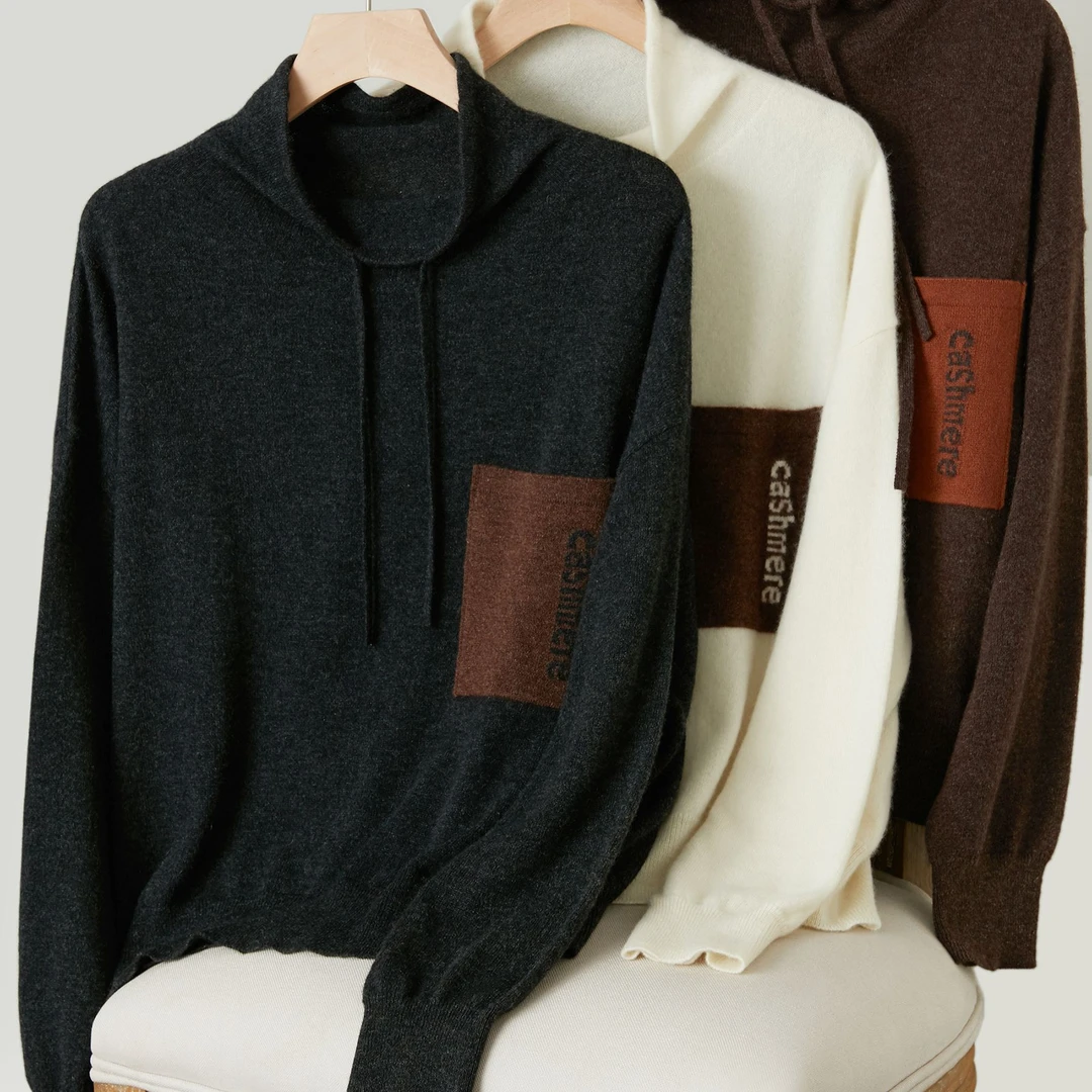 LEMAER乐玛尔 法单CASHMERE设计款高领抽绳设计撞色单兜羊绒套衫