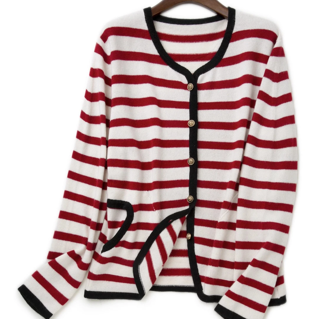 LEMAER乐玛尔 法单CASHMERE人鱼尾领边&拼接撞色条纹设计羊绒外套