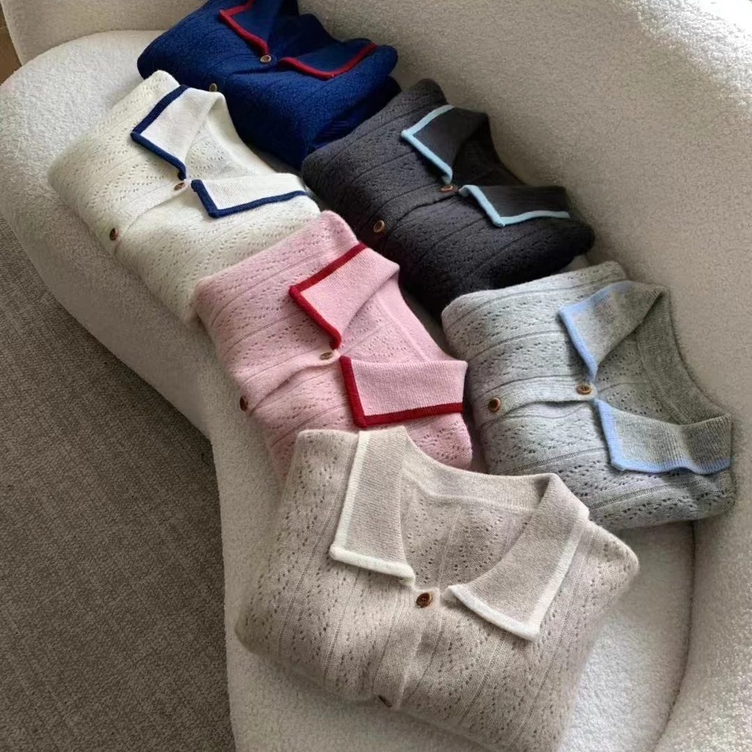 LEMAER乐玛尔 法单100%WOOL初剪羊毛&撞色镂空钩花设计款针织开衫