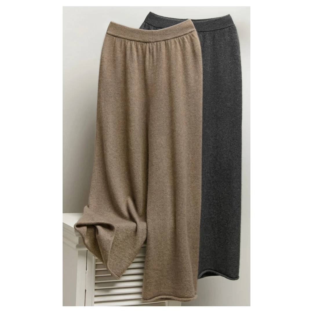 LEMAER乐玛尔 意单CAHSHMERE松紧腰卷边&双插兜羊绒直筒阔腿裤