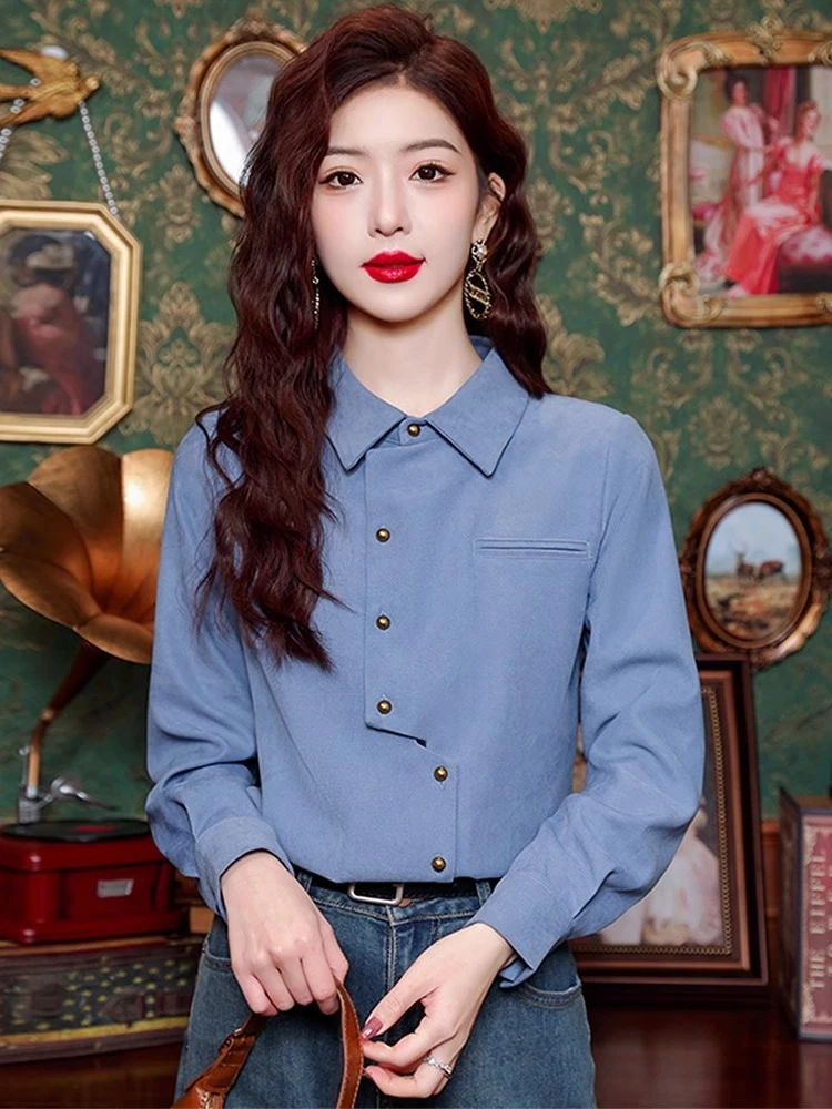 法式不规则磨毛polo领长袖衬衫女秋季新款时尚高级感气质打底上衣