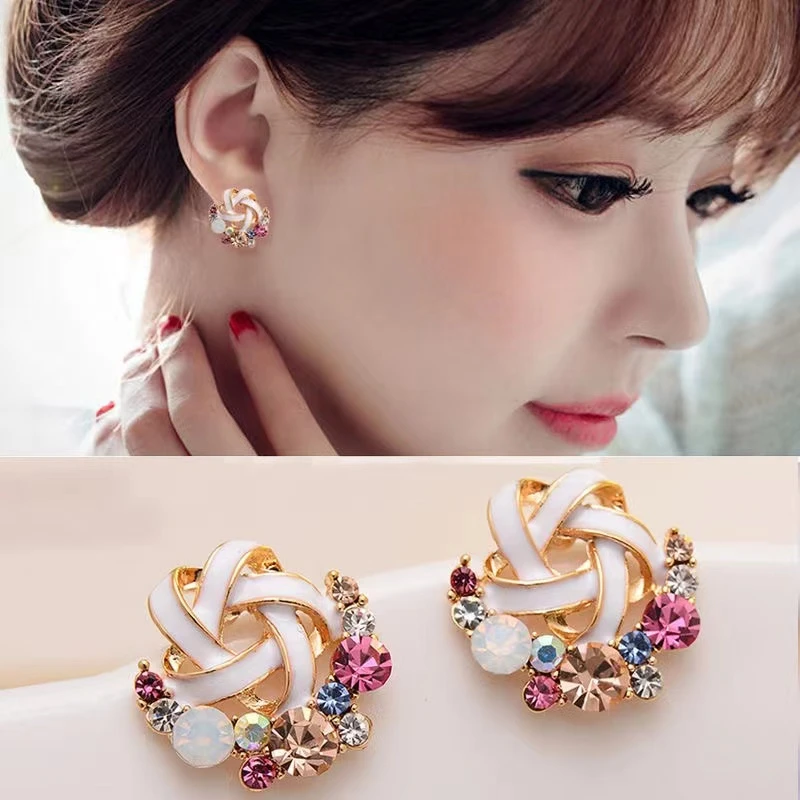铜合金合成锆石耳饰 日韩甜美时尚气质耳环轻奢高级感花朵银耳钉