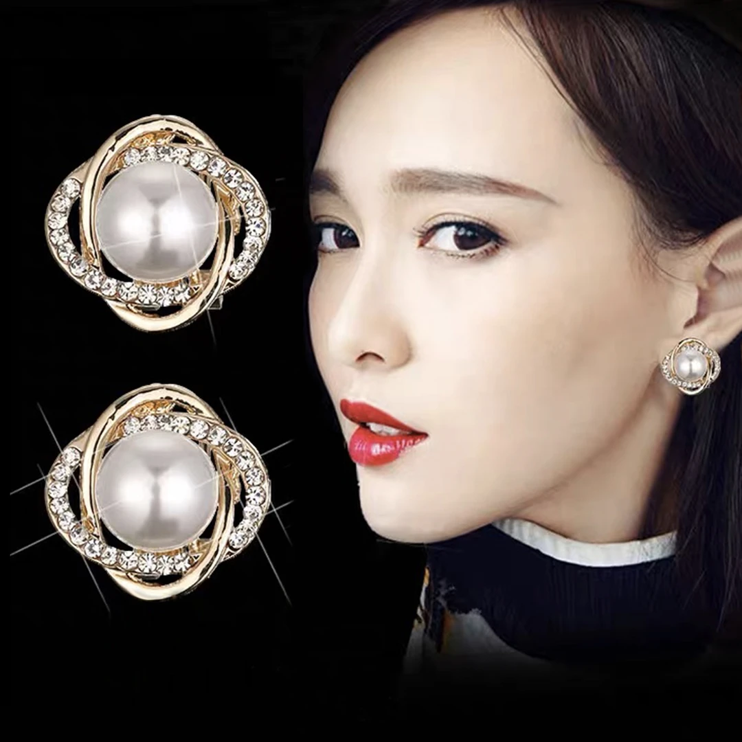 铜合金耳饰 韩版气质奢华贝珠耳钉时尚百搭优雅镶钻大气纯银耳环