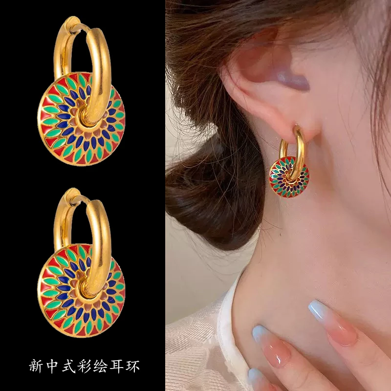钛钢耳饰 新中式彩绘复古滴釉耳环小众设计感轻奢国潮时尚耳钉女