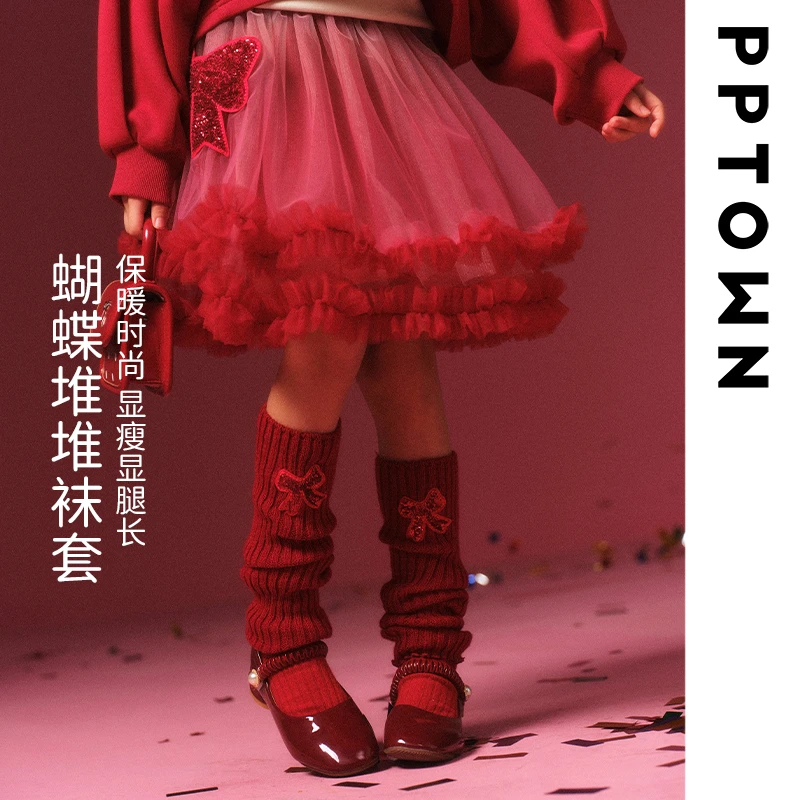【秋冬保暖好助手】巴巴小镇女童红色洋气蝴蝶堆堆袜套新年装13151