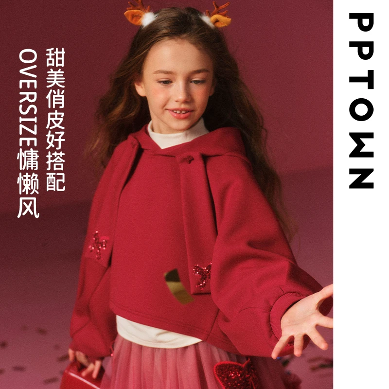 加绒加厚秋冬蝴蝶结女童卫衣红色拜年服连帽儿童巴巴小镇12618