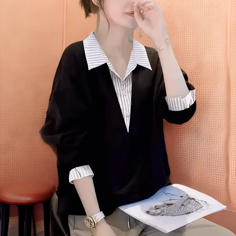 时尚春秋季新款高级感减龄衬衫宽松显瘦假两件POLO条纹拼接卫衣女
