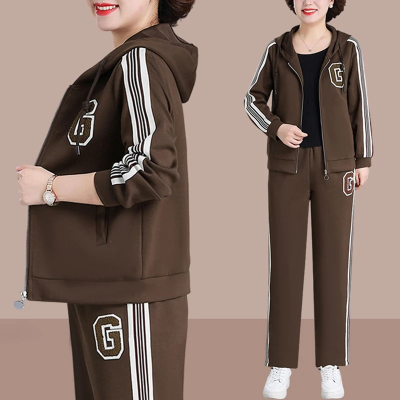 妈妈秋装外套洋气上衣时尚跑步两件套中老年运动服套装女春秋大码