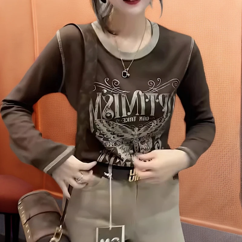 秋冬新款时尚磨毛加厚休闲打底衫拼色字母印花长袖T恤女修身上衣