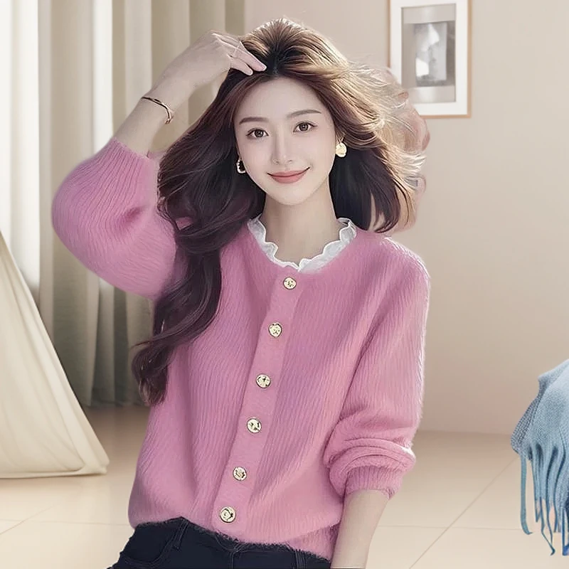 新款韩系秋冬季粉色针织衫2025穿搭设计感时尚洋气百搭毛衣外套女