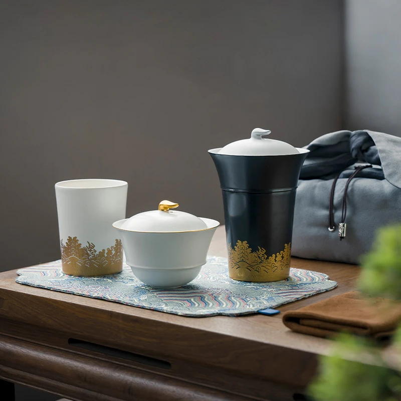 万仟堂高档陶瓷快客杯单人盖碗茶具家用便携旅行茶具套装登高望远