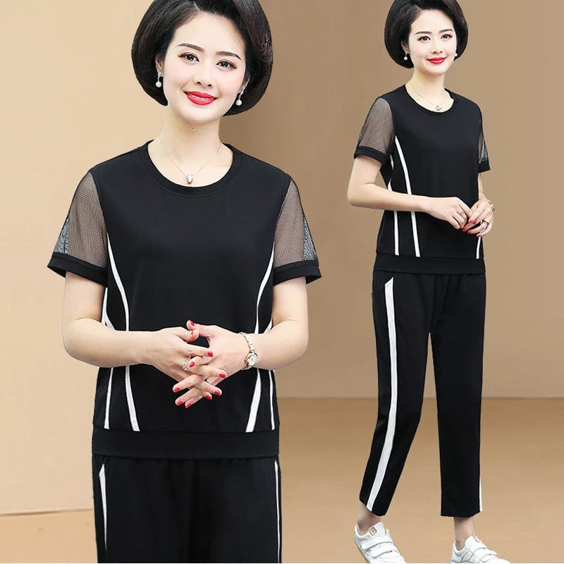 中年妈妈夏装时尚套装新款短袖宽松大码休闲运动两件套中老年女装