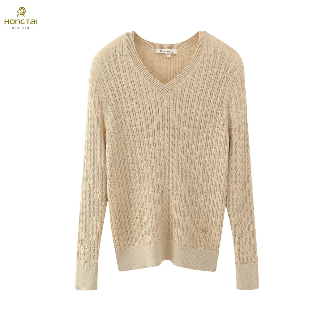 红太时尚套头秋冬休闲针织衫精纺V领百搭轻奢绞花女上衣101Z2402