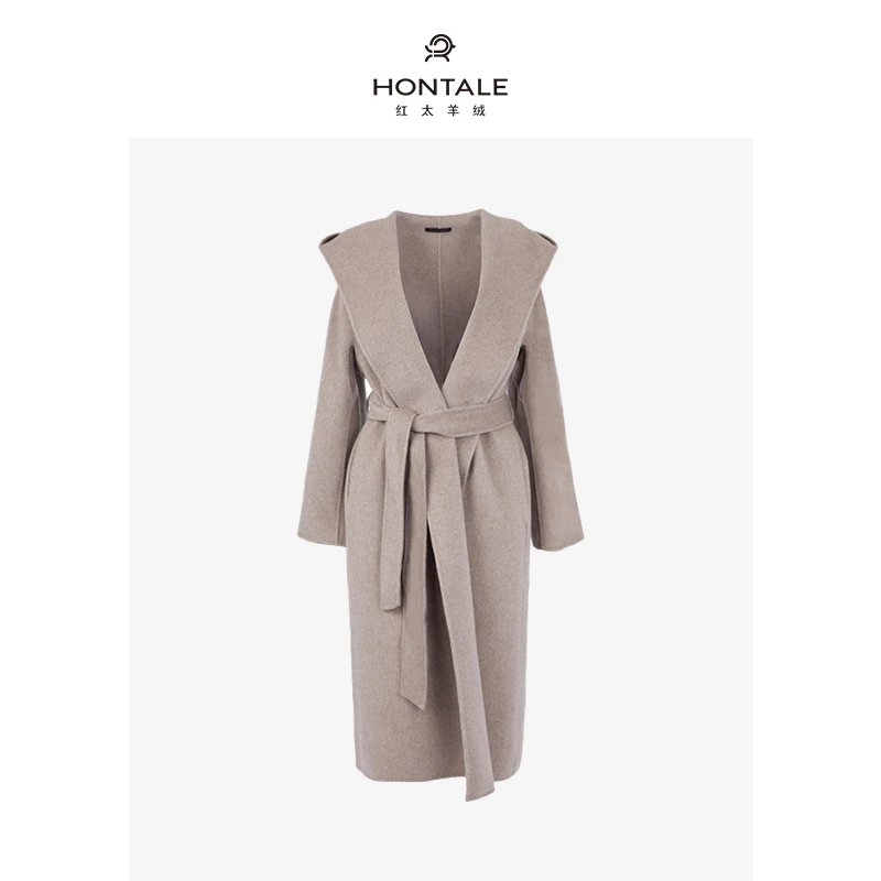 红太气质百搭轻奢双面羊绒连帽长款女大衣DW11120