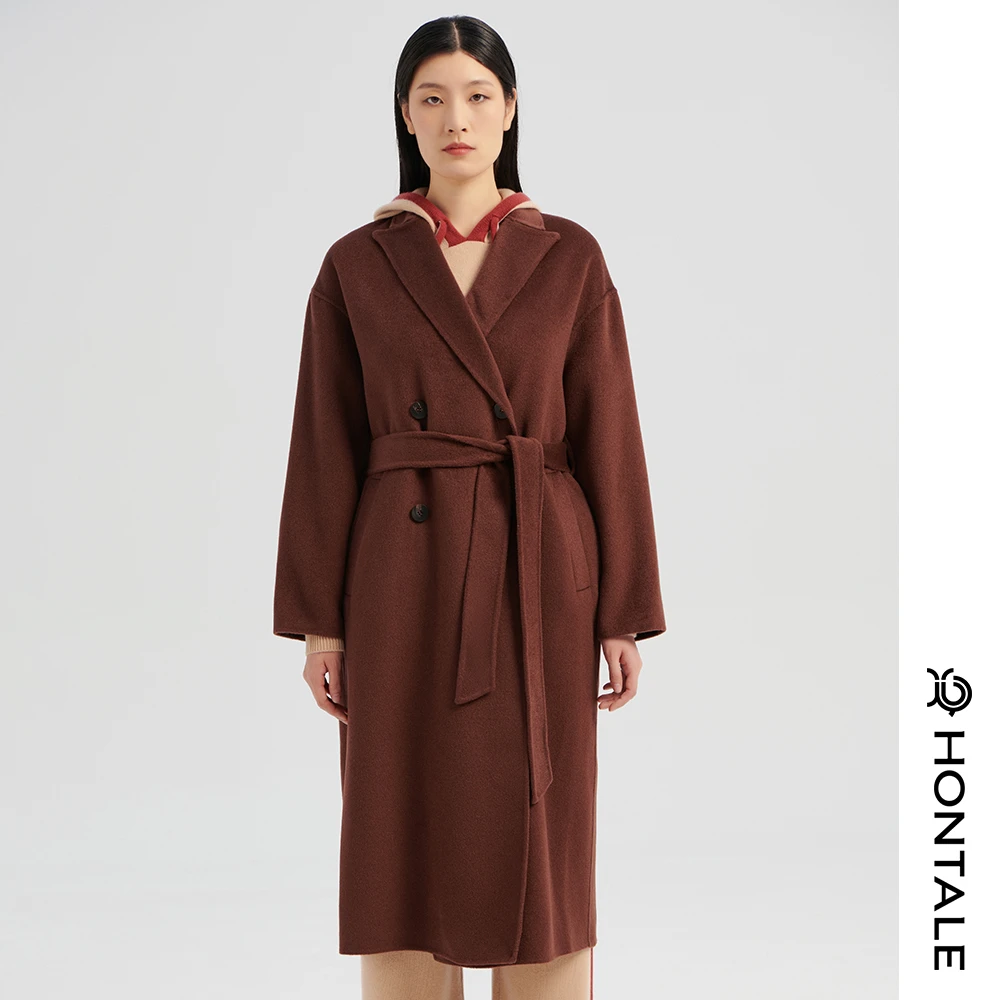红太【100羊绒】秋冬休闲长袖纯色通勤气质中长款女大衣DW10123