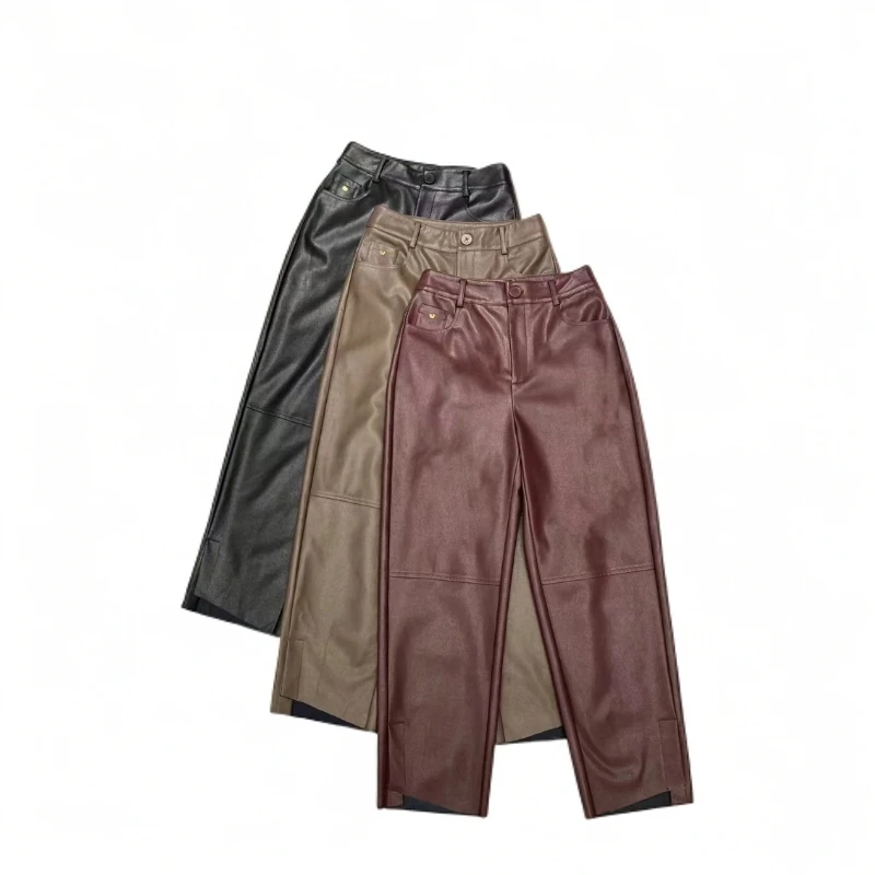 283高腰显瘦裤脚开衩休闲九分裤女秋冬新款高级感小个子皮裤