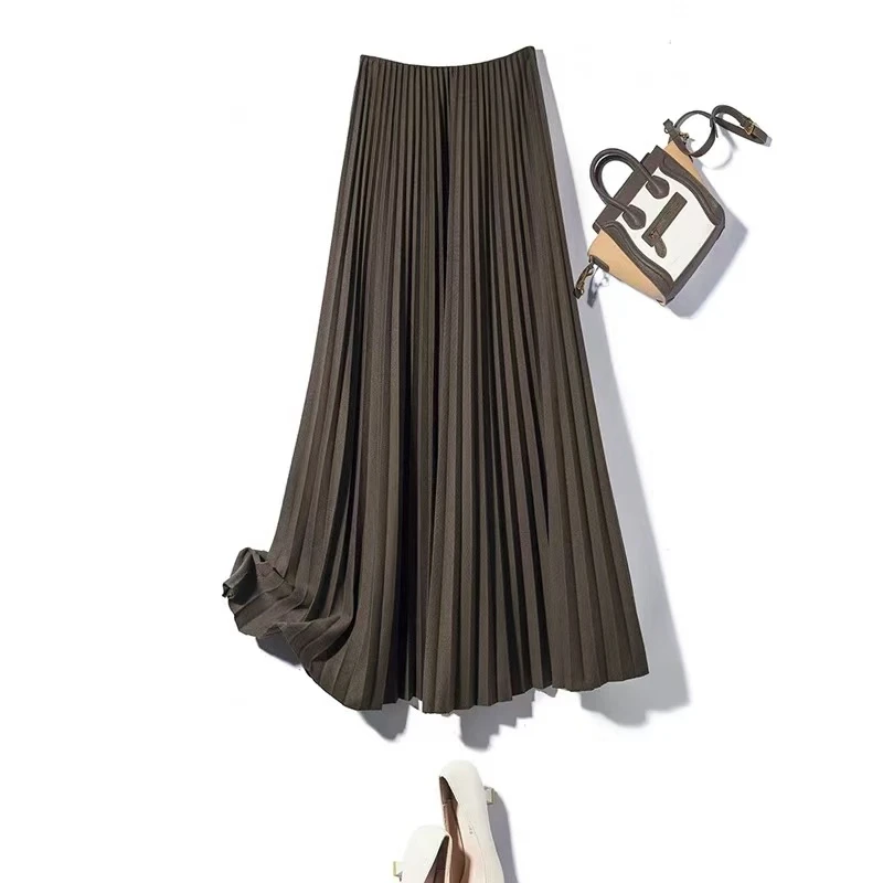 376知性优雅复古高腰高温压褶百褶伞形毛呢风琴百褶裙遮胯显瘦