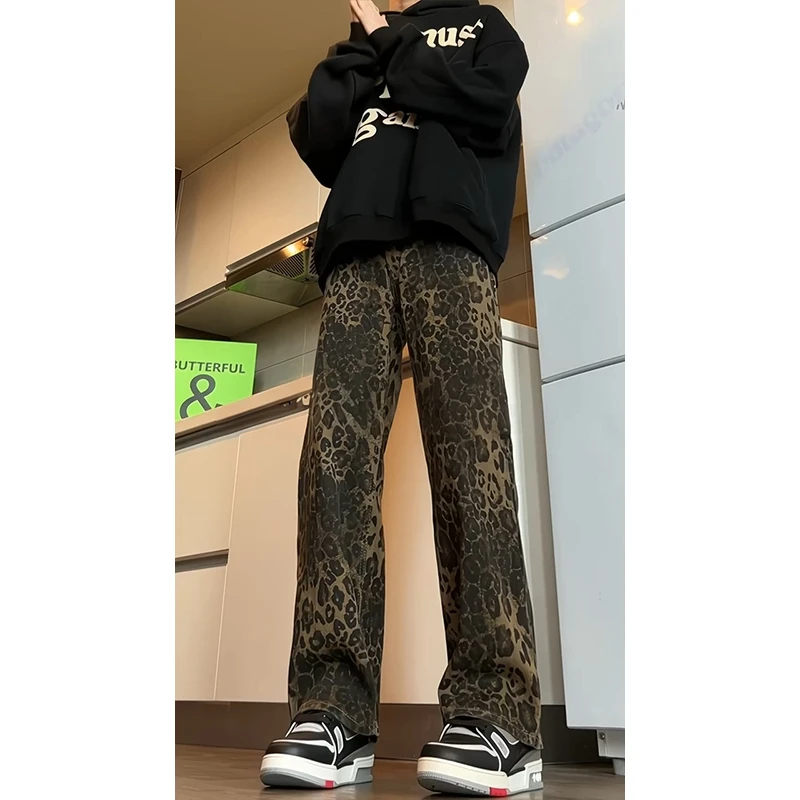 cleanfit美式复古豹纹牛仔裤男春秋季高街vibe裤子小众直筒微喇裤