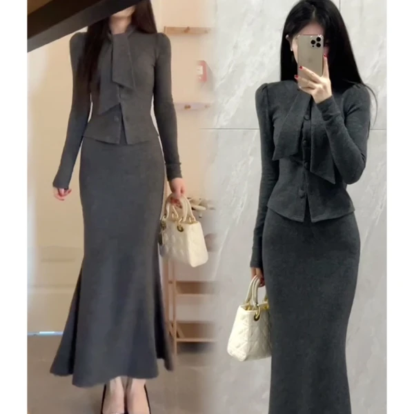 法式复古时髦修身精致千金轻熟灰色飘带领结上衣半身裙秋冬套装