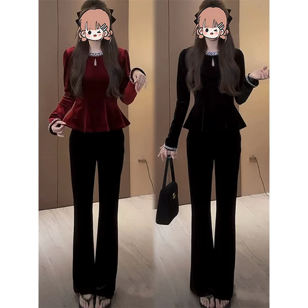 洋气女装时尚气质显瘦丝绒拼接上衣高腰喇叭裤休闲加绒丝绒套装女