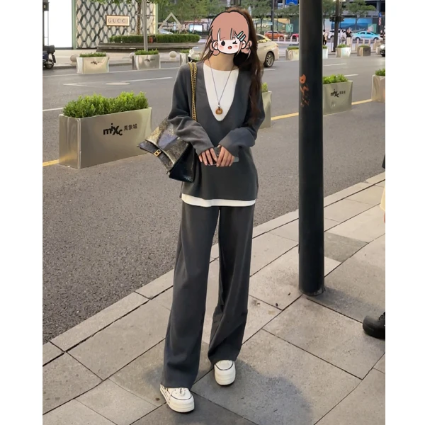 时尚休闲套装2024秋季新款假两件拼接圆领长袖上衣阔腿裤两件套