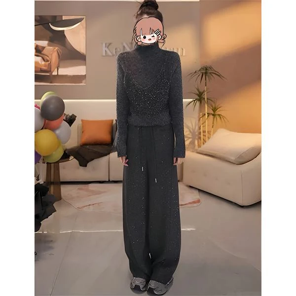 时尚潮流高领假两件毛衣长袖针织上衣裤子气质百搭显瘦休闲套装