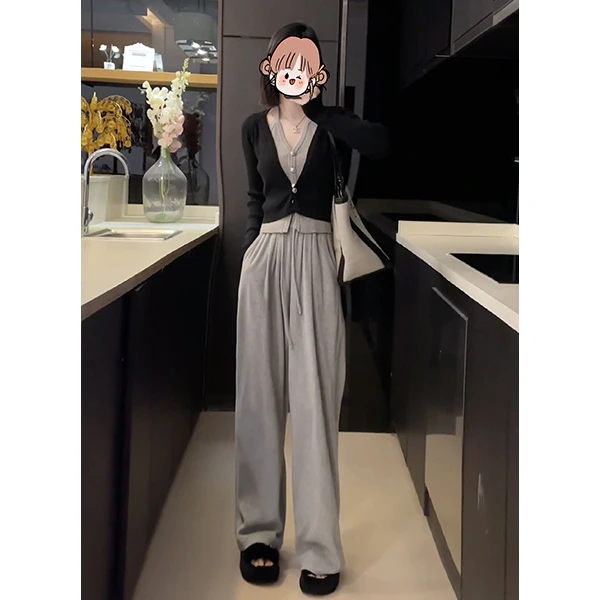 2025新款港味chic套装女修身显瘦法式针织上衣高腰阔腿裤两件套