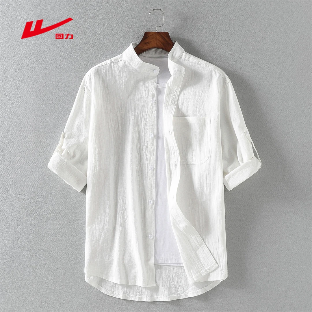 回力潮牌冰丝短袖衬衫男夏季薄款棉麻工装五分半袖亚麻衬衣痞帅