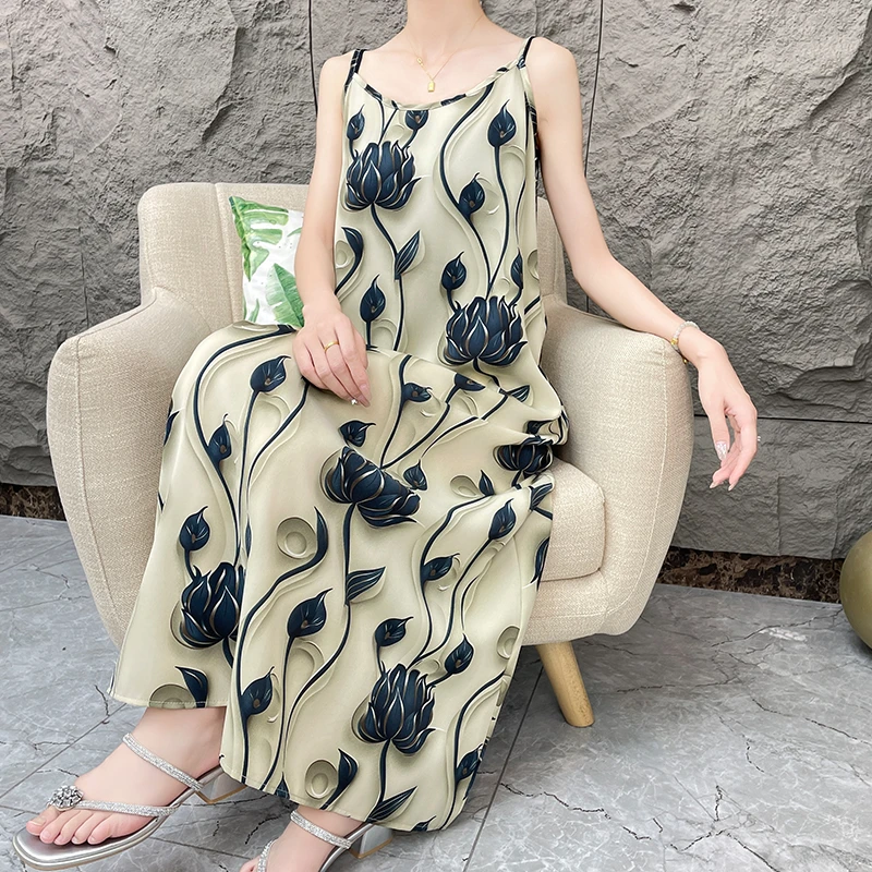 【步步生莲】中式碎花时尚法式宽松气质吊带连衣裙女春夏长款裙子