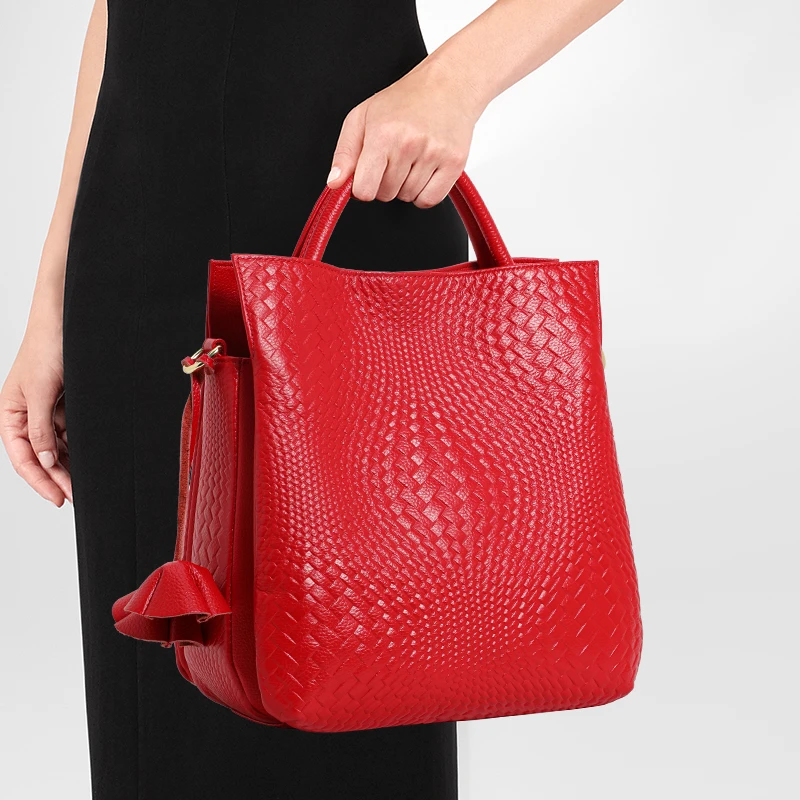手提大容量编织包真皮手拎包简约女士红色妈妈包欧美高档日常通勤