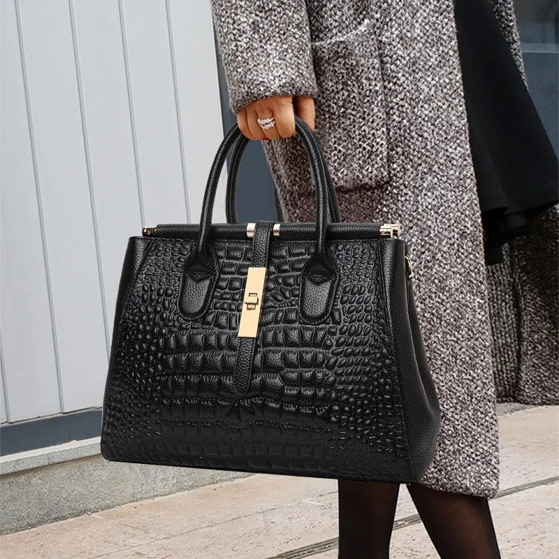 真皮包包女大容量手提包2024新款单肩斜挎包中年妈妈包鳄鱼纹托特
