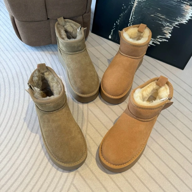 时尚真皮雪地靴女2024冬季新款厚底增高磨砂皮侧拉链休闲鞋大棉鞋