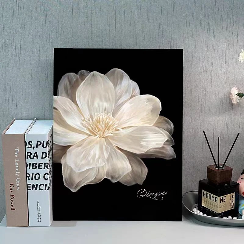 法式客厅装饰画富贵山茶花小香风卧室摆画黑白高级感玄关尽头6080