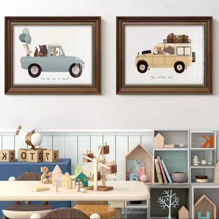 现代美式儿童房床头壁画书房卡通动物男孩卧室两联汽车挂画4060*2