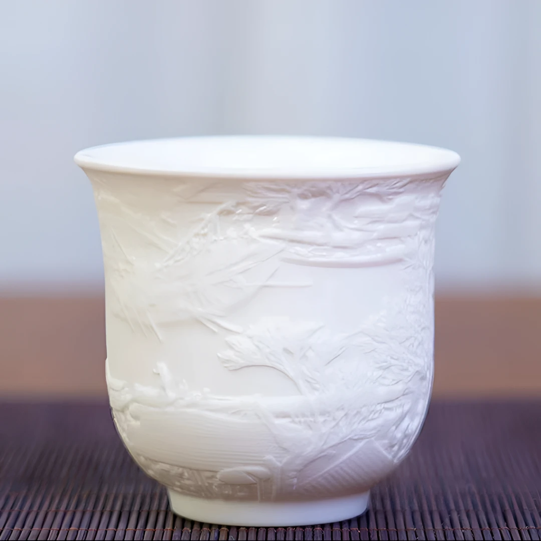 羊脂玉瓷素烧清明上河图主人杯高端白瓷品茗茶杯中式陶瓷茶具C952