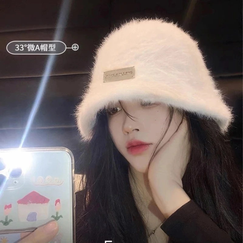 爆款渔夫帽真兔毛显脸小大头围盆帽网红针织百搭保暖韩版时尚