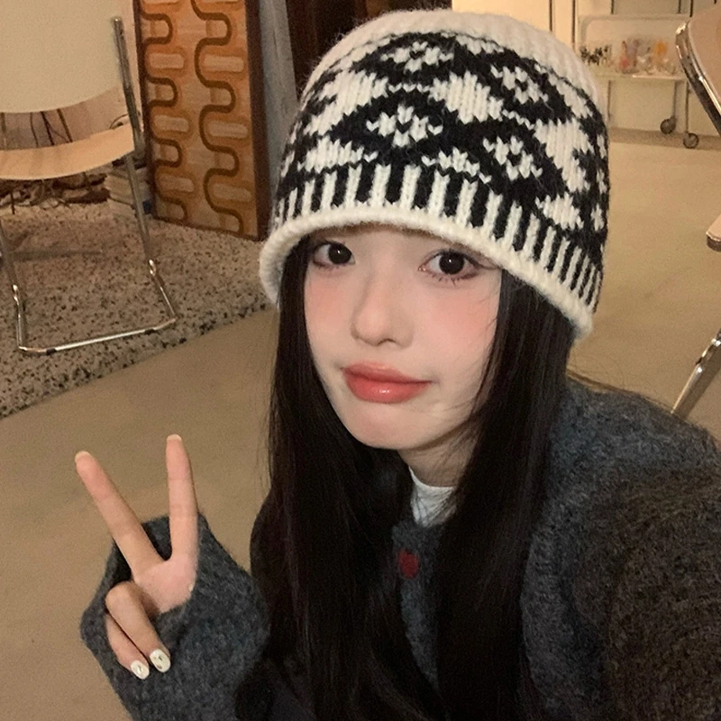 清货过年显脸小复古拼色菱形格子针织毛线帽女2024年秋冬包头冷帽