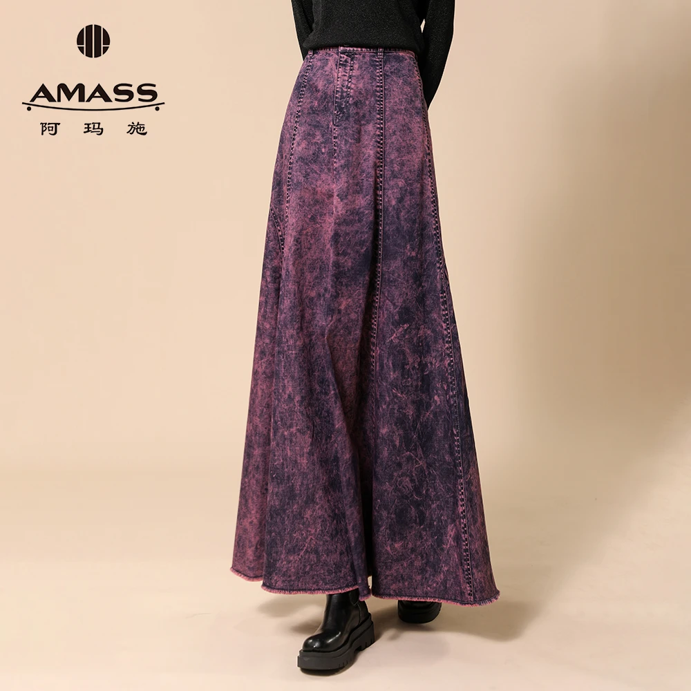 阿玛施AMASS新款百搭中高腰复古丹宁高级感长款牛仔伞裙女5200432