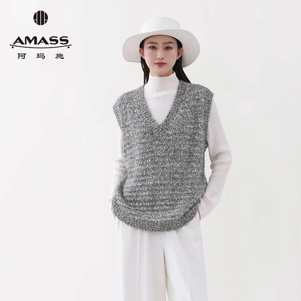 阿玛施AMASS高级感时尚慵懒松弛感走染花纱V领针织马甲女 5399770