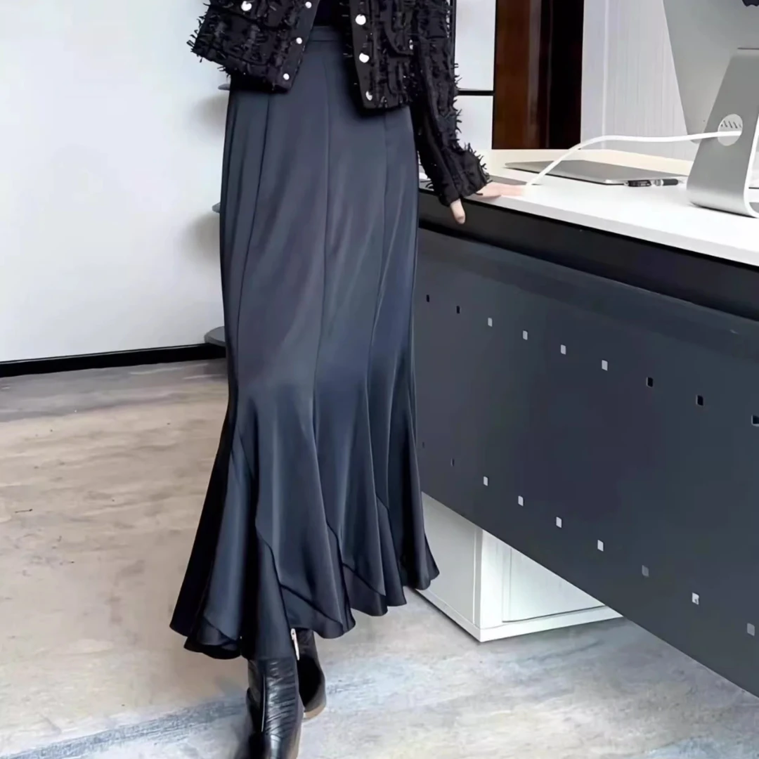 阿玛施AMASS新款高贵气质显瘦优雅色丁丝质鱼尾半身长裙女5200385