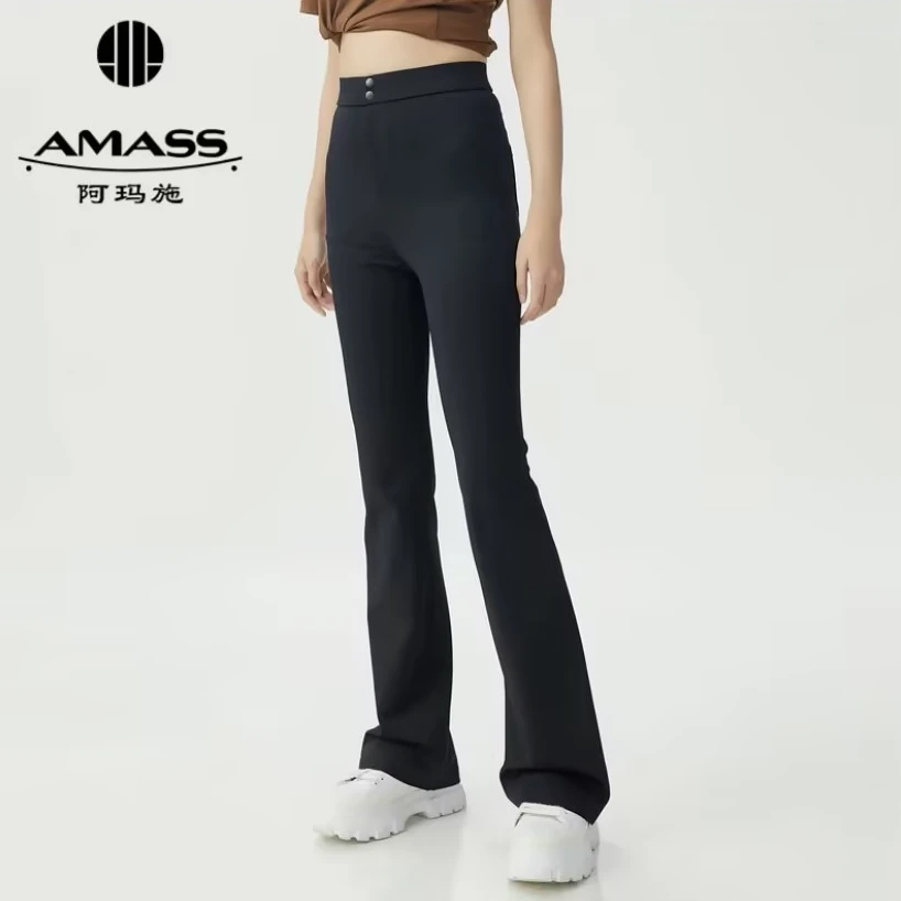 AMASS阿玛施新款休闲显瘦高腰微喇裤百搭黑色长裤女士5100540