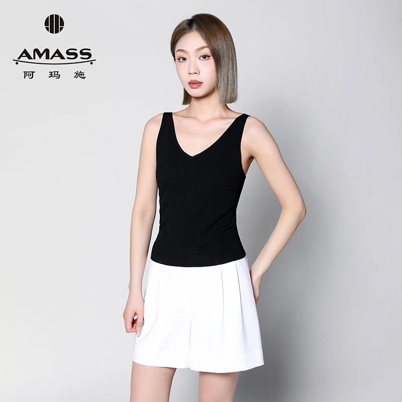 AMASS阿玛施黑色新款V领无袖针织吊带修身纯色背心内搭女5399349