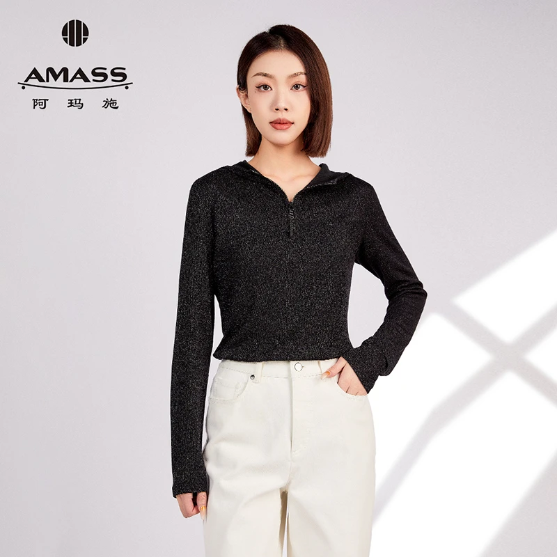AMASS阿玛施新款套头细闪面料显瘦修身连帽卫衣女上衣打底5300662