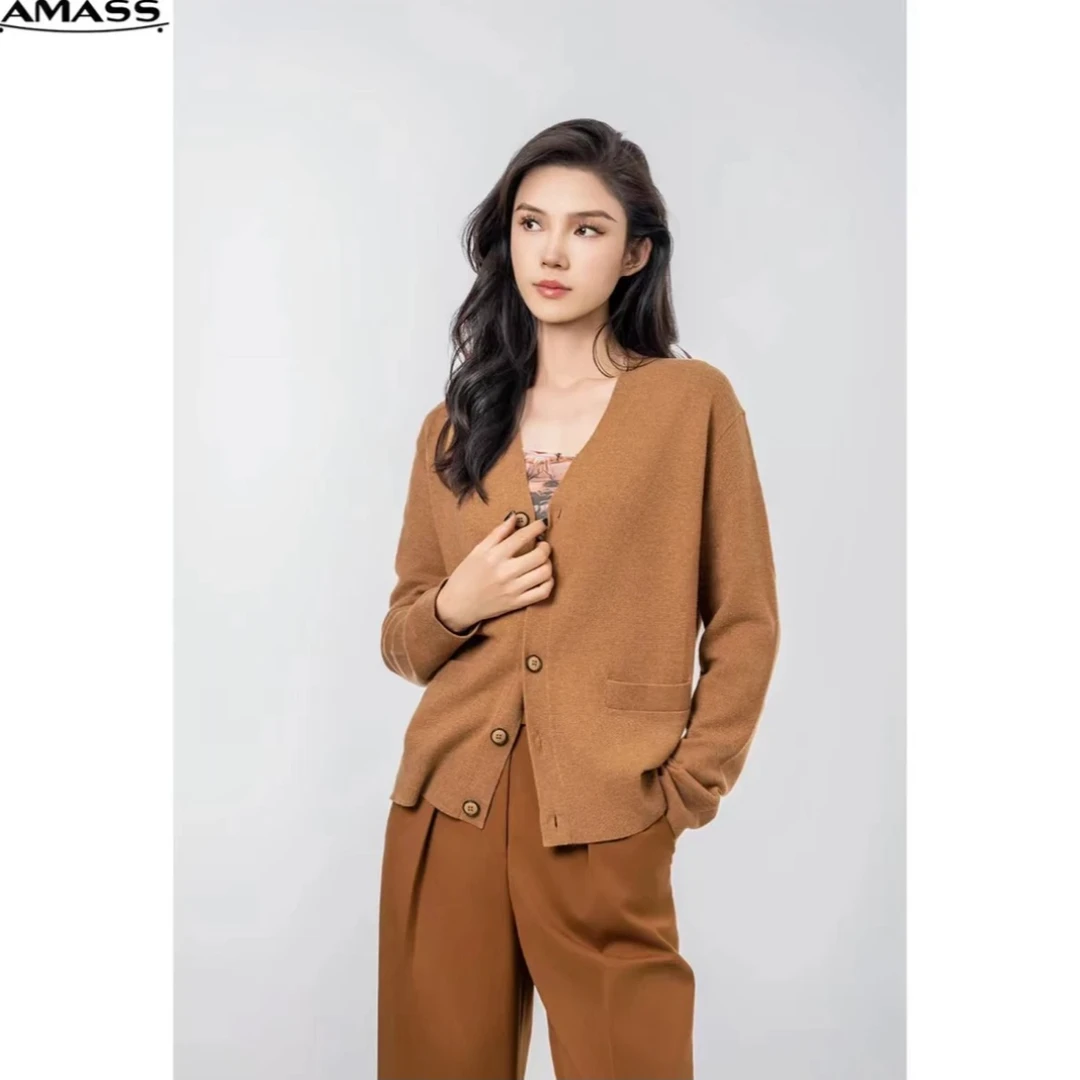 阿玛施AMASS新款奢雅时尚质感垂坠V领绵羊毛针织开衫女5499268